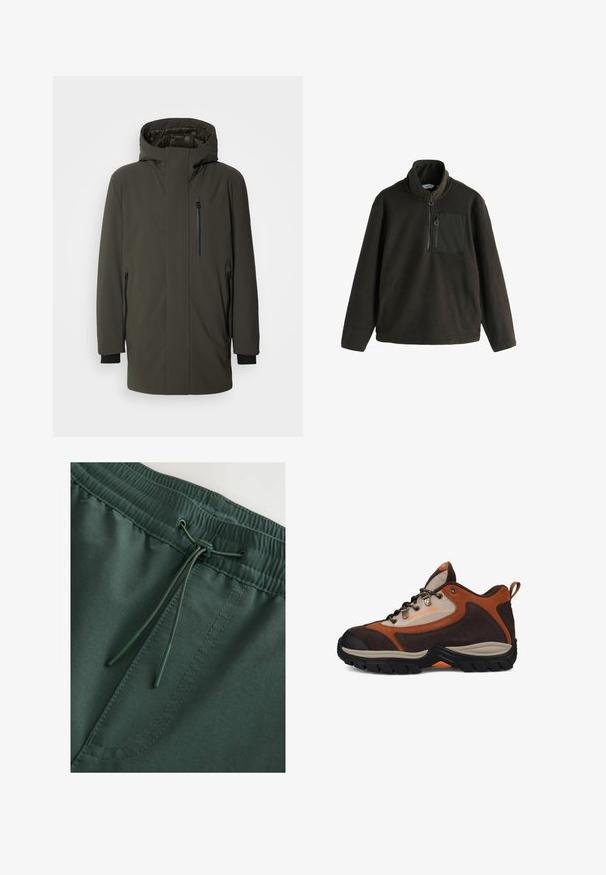 Olivgrüne isolierte Parkajacke mit hohem Kragen, verstellbarem Kapuze, zwei seitlichen Reißverschlusstaschen und einer Brusttasche mit Reißverschluss.; Fleecepullover in dunkelolivgrün mit hohem Kragen, Frontreißverschluss und einer Brusttasche mit Reißverschluss. Weiche Textur, lockere Passform.; Dunkelgrüne Sweatshorts mit elastischem Bund und Kordelzug, glatte Textur und sichtbare Nähdetails. Schlichtes, funktionales Design.; Braunes und beiges Wanderschuh mit schwarzer Sohle, Metallösen, Zugschlaufe an der Ferse und "DC SHOE CO USA"-Branding an der Seite.