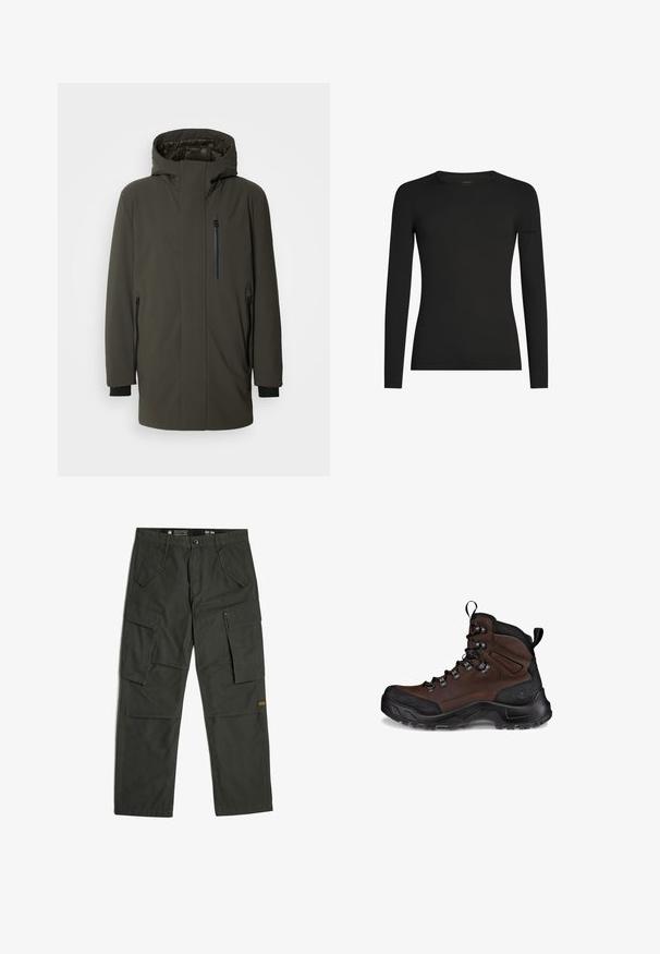 Olivgrüne isolierte Parkajacke mit hohem Kragen, verstellbarem Kapuze, zwei seitlichen Reißverschlusstaschen und einer Brusttasche mit Reißverschluss.; Schwarzes, langärmeliges, figurbetontes T-Shirt mit Rundhalsausschnitt und dezentem Icebreaker-Logo auf dem linken Ärmel, dargestellt vor weißem Hintergrund.; Dunkelgrüne Cargohose mit Knopfverschluss, zwei schrägen Vordertaschen und zwei großen seitlichen Klappentaschen an jedem Bein.; Brauner Wanderstiefel mit einem strukturierten Leder-Obermaterial, schwarzem Gummi-Zehenkappen, verstärkten Ösen und einer robusten Außensohle für Halt.