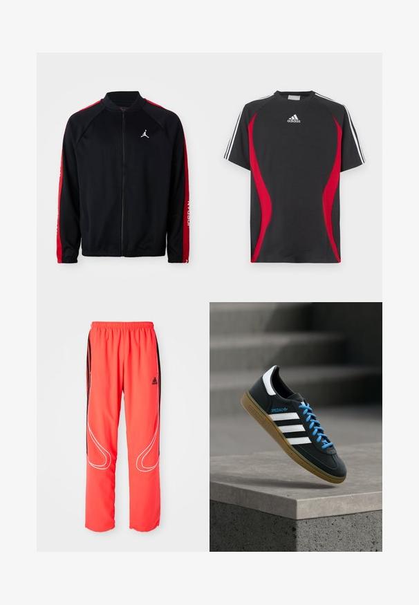 Čierna športová bunda na zips s červenými prúžkami na rukávoch, elastickými manžetami a bielym logom Jumpman na ľavej hrudi.; Čierne tričko s krátkym rukávom s červenými bočnými akcentmi, bielym logom Adidas na hrudi a bielymi pruhmi na ramenách. Vyrobené z hladkej tkaniny.; Červené športové nohavice so voľným strihom, elastickým pásom, čiernymi bočnými pruhmi a bielym lemovaním pozdĺž nohavíc. Logo Adidas na boku.; Čierna teniska Adidas s bielymi pruhmi, modrými šnúrkami a gumovou podrážkou, ktorá sa vznáša nad sivým betónovým schodom v mäkkom svetle.