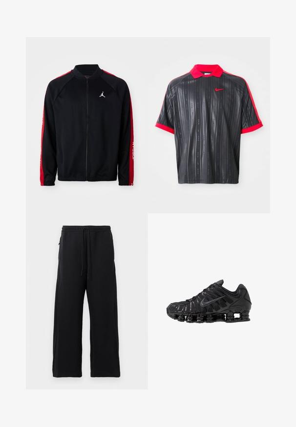 Zwarte sportjack met rits en rode strepen op de mouwen, elastische manchetten en een wit Jumpman-logo op de linkerkant van de borst.; Zwarte polo met korte mouwen, rode kraag en manchetten, subtiele verticale strepen met "Nike" tekst en rode Nike swoosh logo op de borst.; Zwarte joggingbroek van zacht materiaal, met een verstelbare tailleband, een wijdere broekspijpenontwerp en zijzakken met een gladde textuur.; Zwarte sportschoenen gemaakt van mesh en synthetische materialen, met een opvallend golvend ontwerp, zwarte rubberen zool en reflecterende accenten.