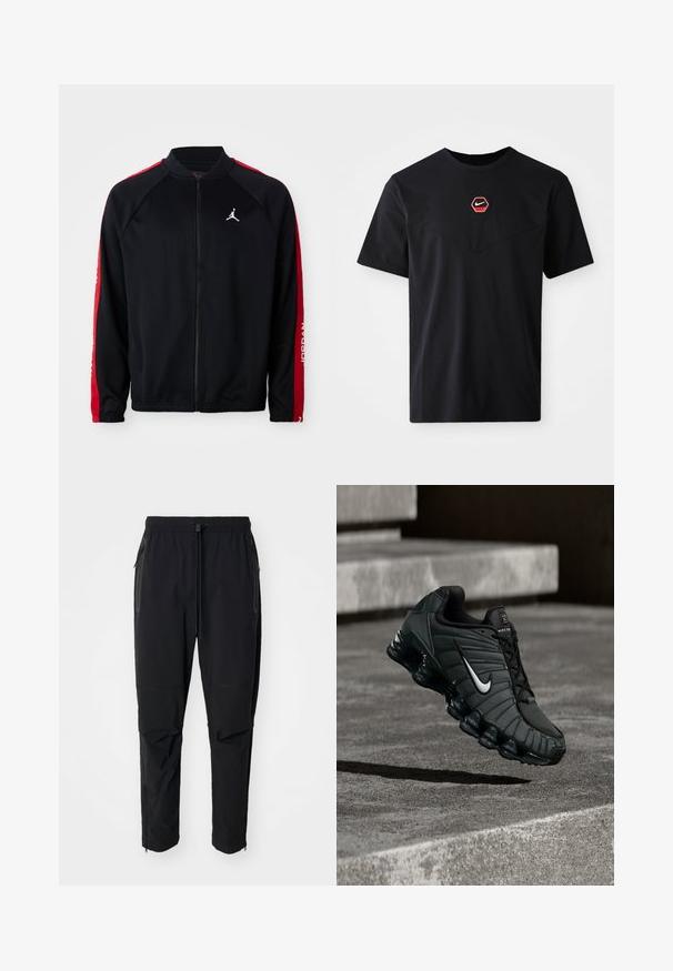 Čierna športová bunda na zips s červenými prúžkami na rukávoch, elastickými manžetami a bielym logom Jumpman na ľavej hrudi.; Čierne tričko s krátkym rukávom z bavlny, s červeno-bielym šesťuholníkovým logom Nike na hrudi a zaobleným výstrihom.; Čierne, ľahké vonkajšie nohavice s elastickým pásom a nastaviteľným šnúrkovým uzáverom. Majú zipsové vrecká a zúžené manžety.; Športová obuv Nike v tmavo zelenej farbe, s hladkým syntetickým zvrškom, sieťovinou, čiernymi šnúrkami a lesklou podrážkou s vzduchovým odpružením.