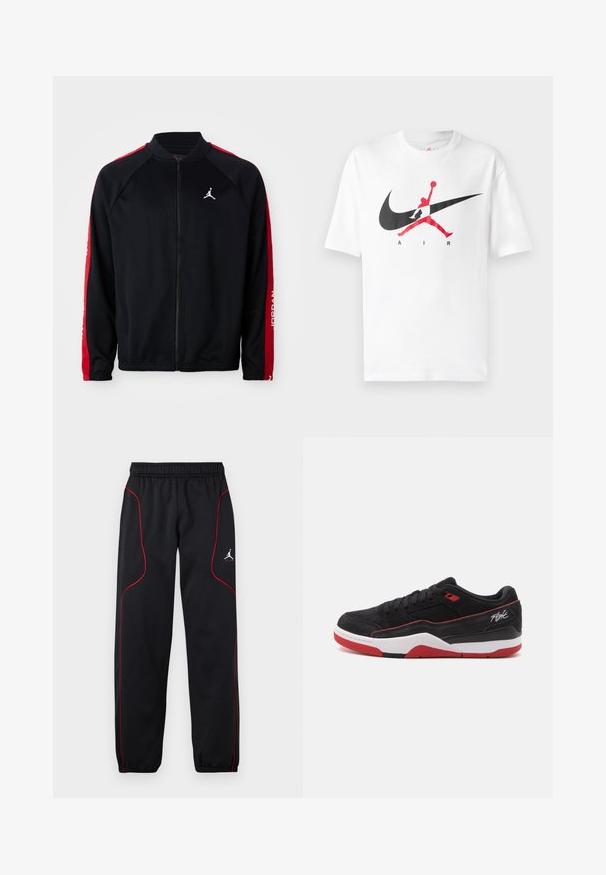 Zwarte sportjack met rits en rode strepen op de mouwen, elastische manchetten en een wit Jumpman-logo op de linkerkant van de borst.; Witte katoenen T-shirt met een groot zwart en rood Nike Swoosh-logo, vergezeld van de silhouet van een basketballer. Korte mouwen, ronde halslijn.; Zwarte sportbroek met rode bies, elastische tailleband en manchetten, en een klein wit Jumpman-logo op de rechterdij.; Lage zwarte sneaker met rode accenten, witte zool en het woord "Flight" aan de zijkant, zijaanzicht op een witte achtergrond.