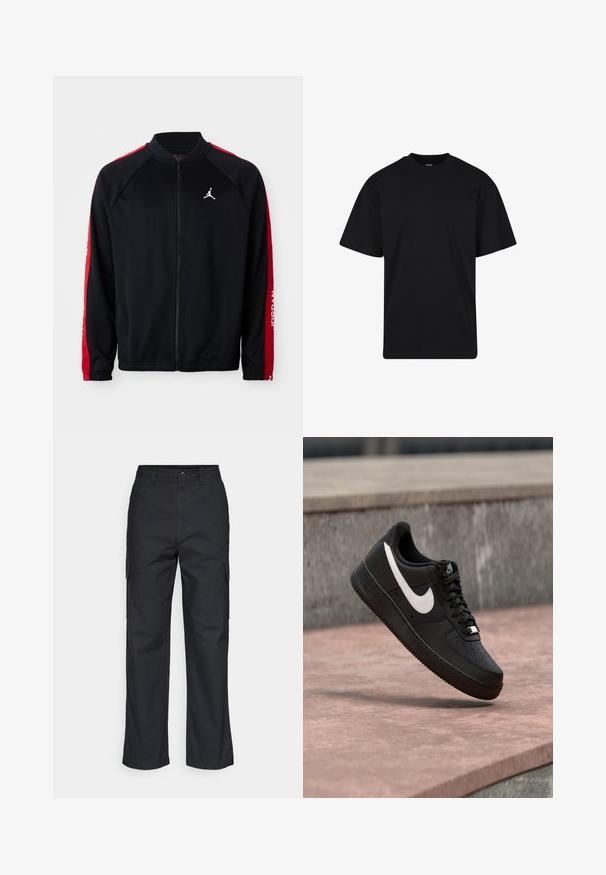 Čierna športová bunda na zips s červenými prúžkami na rukávoch, elastickými manžetami a bielym logom Jumpman na ľavej hrudi.; Čierne tričko s krátkym rukávom a okrúhlym výstrihom, voľný strih, jednoduchý dizajn bez viditeľných log alebo vzorov.; Čierne cargo nohavice so strihom rovného nohavca, s bočnými vreckami a textúrovanou tkaninou. Zapínanie na gombík v páse pre bezpečné nosenie.; Čierna teniska Nike Air Force 1 s bielym logom Swoosh vznášajúca sa nad kamenným povrchom s šedou textúrovanou stenou v pozadí.