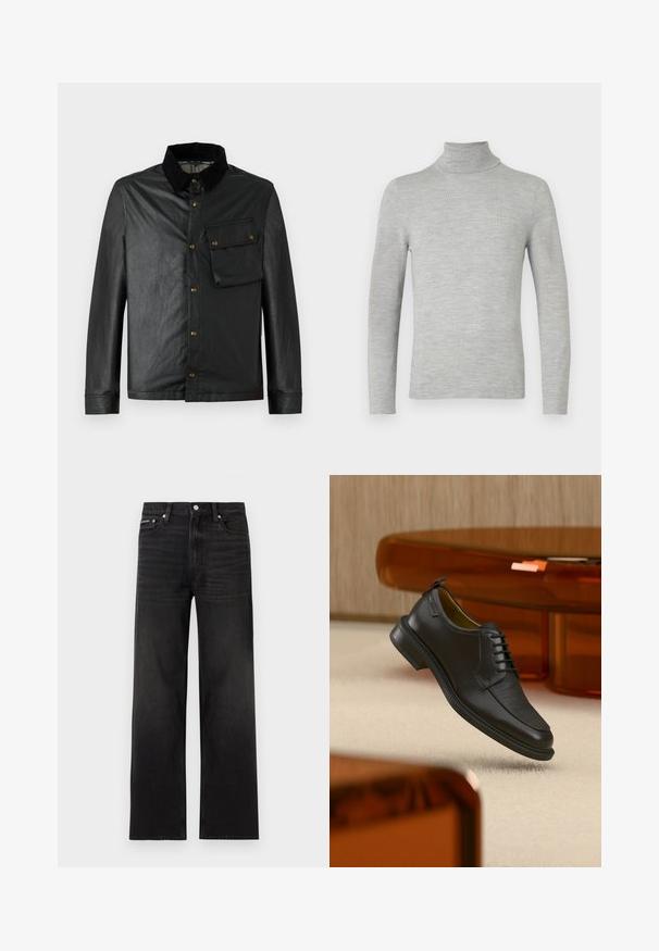 Sort, let jakkeset med knaplukning foran, fløjlskrave og brystlomme. Har messingbeslag og en glat, let skinnende tekstur.; Lys grå langærmet turtleneck sweater med fin strik, vist på en neutral hvid baggrund.; Sorte jeans med lige ben, fem-lomme design, bæltestropper og knaplukning, vist på en hvid baggrund.; Sort lædersko med snørebånd og tekstureret front, svævende over beige tæppe i et moderne rum med møbler i ravfarvet toning.