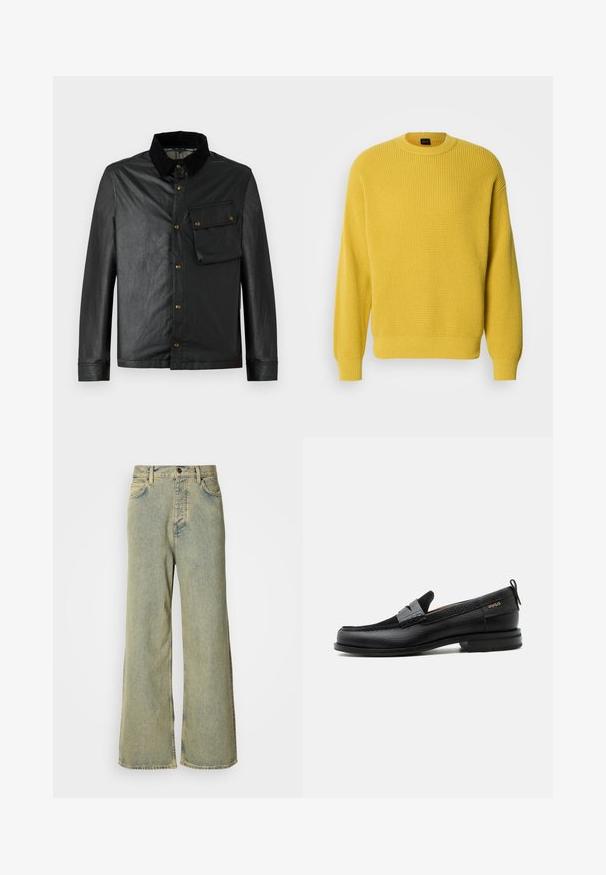 Schwarze, leichte Jacke mit Knopfleiste, Cordkragen und Brusttasche. Verfügt über Messingbeschläge und eine glatte, leicht glänzende Textur.; Gelber Pullover aus Waffel-Strick mit rundem Ausschnitt und gerippten Bündchen. Weiche Textur, reguläre Passform und einfarbig ohne Muster.; Weite Jeans aus hellblauem Denim, mit hohem Bund, klassischem Five-Pocket-Design und Knopfverschluss vorne.; Schwarzer Lederloafer mit grauem Riemendetail, niedrigem Absatz und strukturierter Sohle, seitlich mit „HUGO“ in Gold gebrandmarkt.