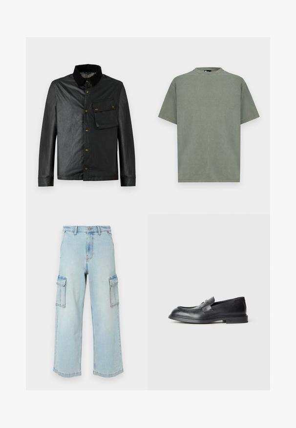 Veste noire légère avec un devant boutonné, un col en velours côtelé et une poche poitrine. Présente des accessoires en laiton et une texture lisse, légèrement brillante.; T-shirt en coton vert olive uni à manches courtes avec col rond, présenté sur un fond blanc.; Pantalons cargo en denim bleu clair avec des jambes larges, présentant deux poches latérales, une fermeture à bouton et une texture légèrement délavée.; Mocassins en cuir noir avec une finition texturée, dotés d'une bride décorative à l'avant et d'un bout arrondi. Semelle en caoutchouc pour plus de durabilité.