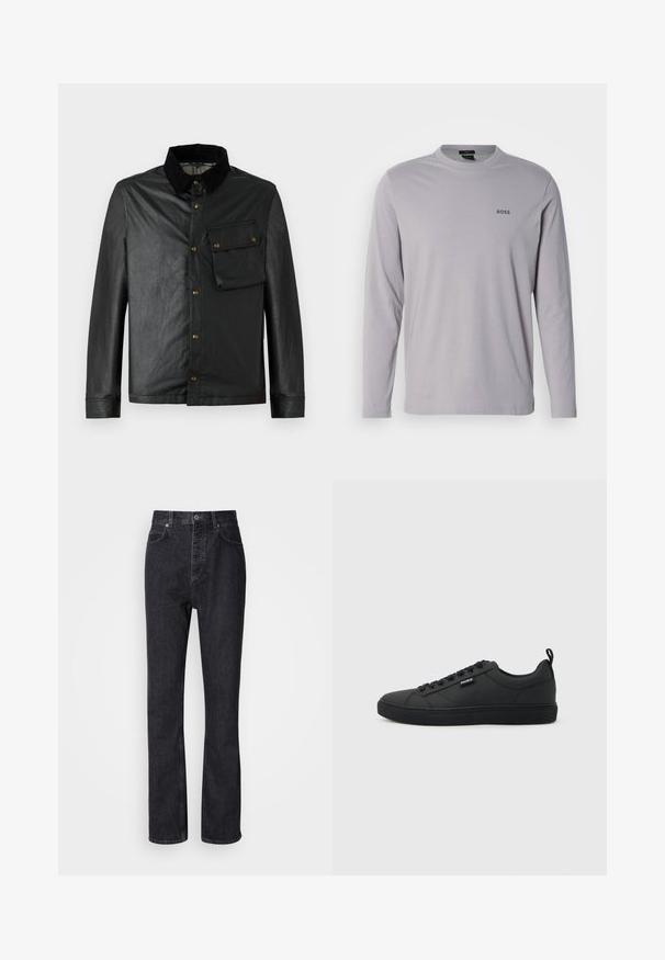 Chaqueta negra, ligera, con cierre de botones en el frente, cuello de pana y bolsillo en el pecho. Presenta herrajes de latón y una textura suave, ligeramente brillante.; Camiseta de manga larga de algodón gris claro, con cuello redondo y un pequeño logo negro "BOSS" en el pecho izquierdo.; Jeans de mezclilla negros de cintura alta con cierre de botón y cremallera, bolsillos frontales y traseros, y corte recto.; Zapatilla negra de corte bajo con cierre de cordones, suela plana y pequeña etiqueta "HUGO" en el lateral, mostrada de perfil sobre fondo claro.