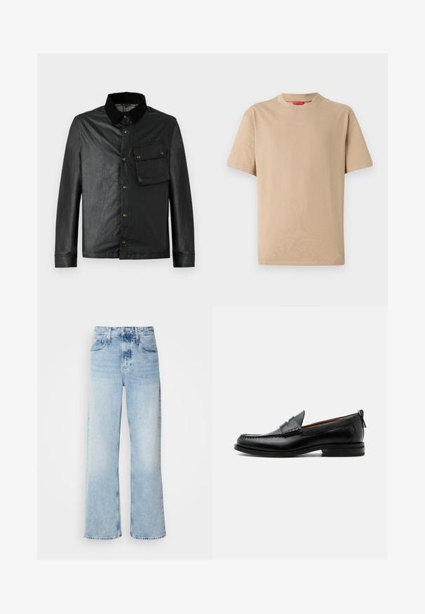 Sort, let jakkeset med knaplukning foran, fløjlskrave og brystlomme. Har messingbeslag og en glat, let skinnende tekstur.; Beige bomulds T-shirt med korte ærmer, rund halsudskæring og subtilt "HUGO" logo i midten. Glat overflade, afslappet pasform.; Lysblå vide jeans med høj talje, der har en falmet finish, bæltestropper og klassisk fem-lomme design. Kantene er rå.; Sort læder herre loafer med moc-tå syning, penny strop, struktureret krave og lav stablet hæl på hvid baggrund.