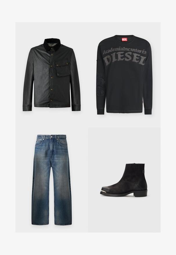 Veste noire légère avec un devant boutonné, un col en velours côtelé et une poche poitrine. Présente des accessoires en laiton et une texture lisse, légèrement brillante.; Sweat-shirt Diesel noir à manches longues avec grand texte gris « Academia Incantoria DIESEL » sur la poitrine et design subtil sur la manche gauche.; Jean en denim bleu à jambes larges avec une finition délavée, comportant cinq poches, une fermeture à bouton et des détails de couture visibles.; Bottine noire en matériaux en daim et cuir, à bout rond, petit talon, accent métallique argenté sur le bout et panneaux latéraux élastiques.
