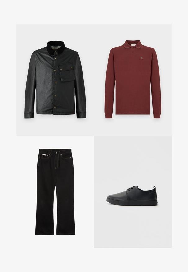 Musthave musta, kerge jope, millel on nööbid ees, sametist krae ja rinna tasku. Sisaldab messingust riistvara ja sujuva, kergelt läikiva tekstuuri.; Burdeos pikkade varrukatega polo särk, mis on valmistatud puuvillast, klassikalise krae, kolme nupuga kinnituse ja väikese kangast logoga rinnal.; Mustad sirgelõikelised teksad oranži õmblusega, viis taskut, nööpkinnitus ja väike Calvin Kleini silt ees paremal taskul.; Mustaläik nahast spordijalatsid siledaga viimistlusega, ümarate varvastega, sama tooni õmblustega, nööbid ees, ja lamedate kummist tallaga. Kannas aas.