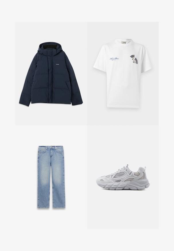 Marineblauwe gevoerde jas met een capuchon, voorzien van een rits aan de voorkant, twee zijzakken en een klein logo op de borst. Glad, waterafstotend materiaal.; Wit T-shirt met ronde hals met blauwe tekst "Filling Pieces" en een decoratieve afbeelding van een gebroken bord op de bovenkant van de borst.; Lichtblauwe straight-leg spijkerbroek met vijf zakken, riemlussen en een knoop- en ritsluiting.; Witte chunky sneaker met mesh- en suède panelen, "ICEBERG" branding aan de zijkant, dikke gestructureerde zool en een trekhaak bij de hiel.