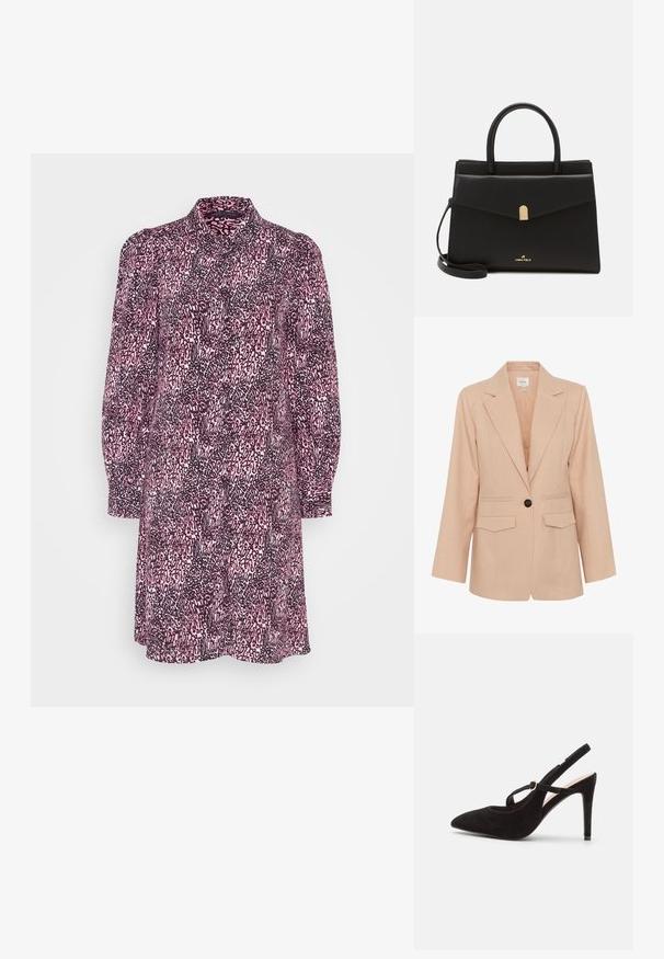 Gestuz MANU - Kurzmantel - rose dust; Marks & Spencer MINI COLUMN SHIRT - Blusenkleid - pink mix; Anna Field LEATHER - Pumps - black; Schwarze Lederhandtasche mit strukturiertem Format, ausgestattet mit einem goldfarbenenverschluss, zwei Griffen und einem verstellbaren Schulterriemen. Logo auf der Vorderseite angebracht.
