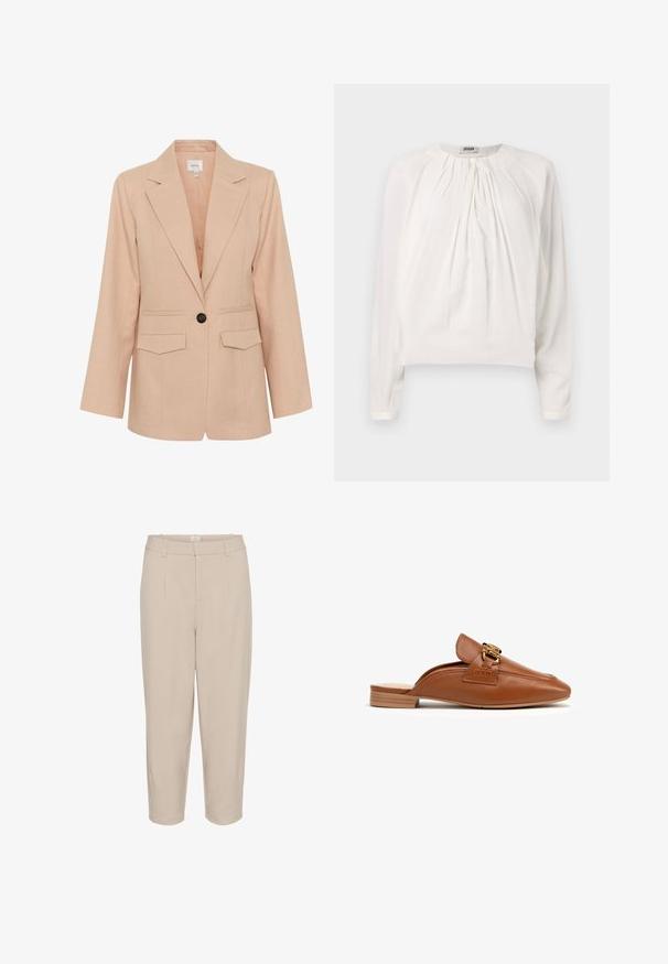 Gestuz MANU - Abrigo corto - rose dust; Blusa blanca de manga larga con cuello redondo y delantero plisado. Tela suave y lisa con un corte holgado y detalle de botones en el cuello.; Pantalones recortados beige con una textura suave, pliegues frontales, dos bolsillos laterales y una cinturilla. Diseño de pierna recta con un acabado a medida.; Mocasines de cuero marrón con punta puntiaguda, tacón plano y un adorno de metal dorado decorativo en la parte frontal. Textura lisa, diseño minimalista.