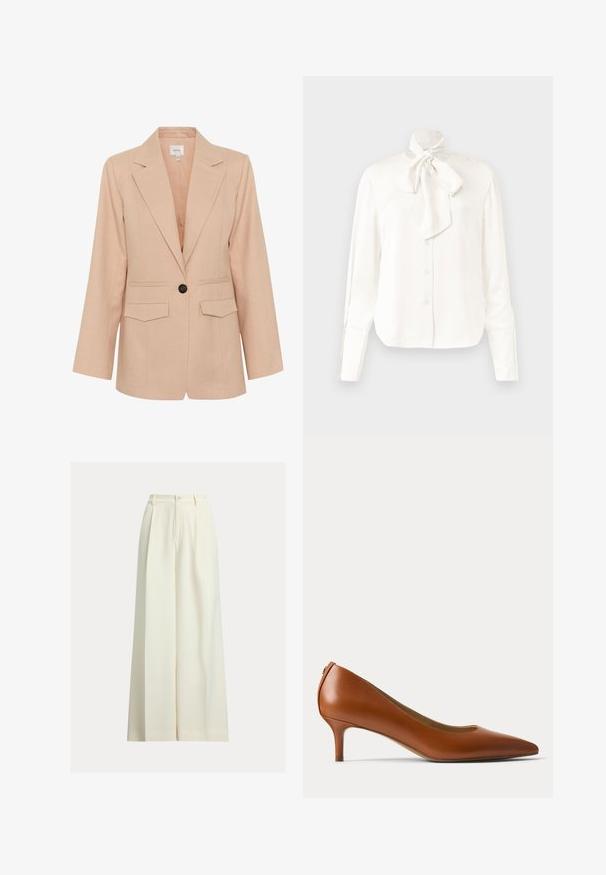 Gestuz MANU - Abrigo corto - rose dust; Blusa blanca de manga larga en una tela ligera con un alto cuello y un gran lazo en el cuello, con cierre delantero de botones.; Pantalones anchos color crema hechos de tela suave, con cintura alta, dos pliegues delanteros y cierre de un solo botón.; Zapato pump marrón de cuero con tacón bajo y punta puntiaguda mostrado de perfil sobre un fondo claro y liso.