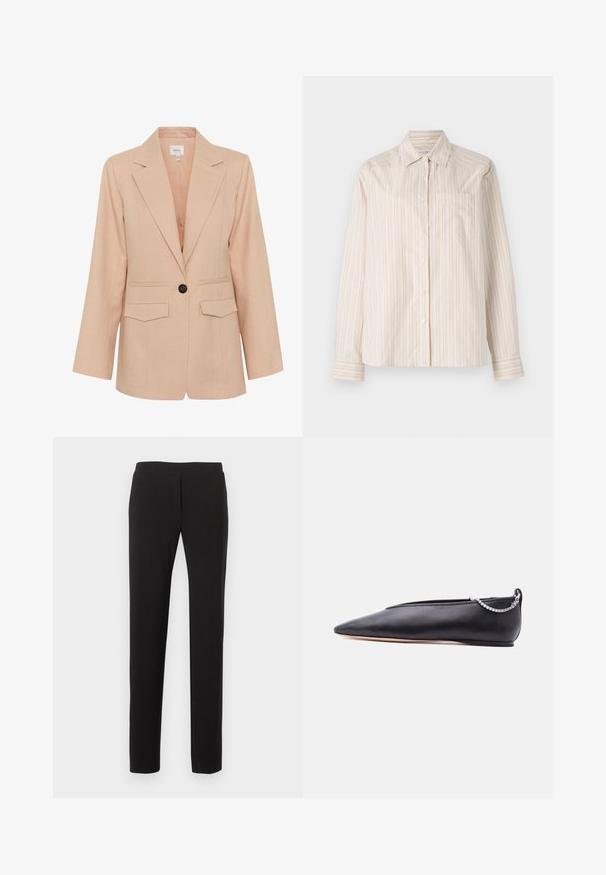 Gestuz MANU - Korte frakker - rose dust; Langærmet skjorte i lys beige med lodrette striber i creme og lys orange. Har en krave og en enkelt brystlomme.; Sorte slanke bukser med flad front og uden synlige lommer, vist mod en hvid baggrund.; Sort læder flad sko med spids tå, lav hæl og sølvkæde detalje bagpå mod en ensfarvet baggrund.