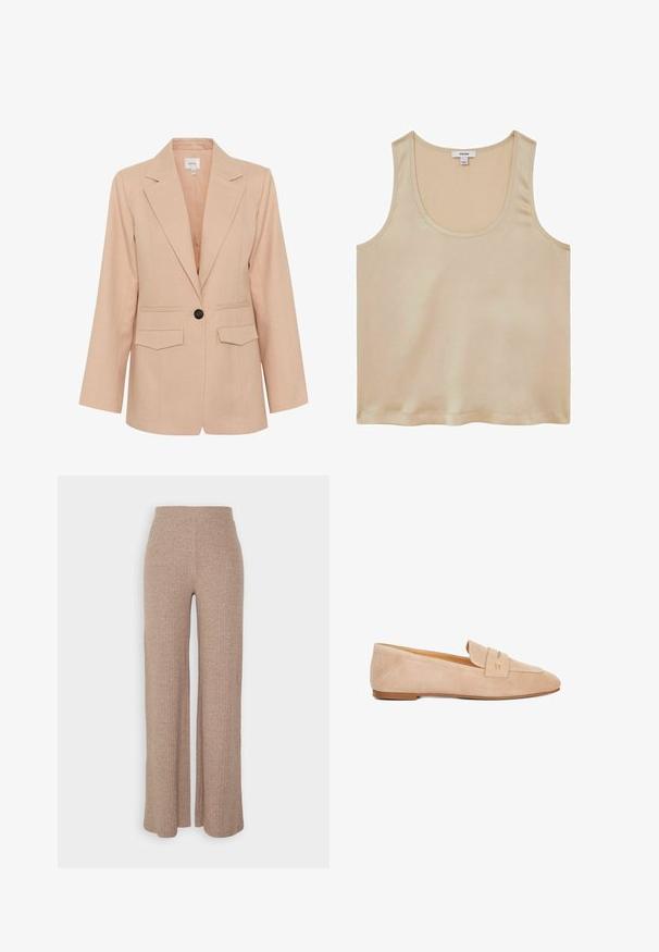 Gestuz MANU - Abrigo corto - rose dust; Reiss REGULAR FIT - Blusa - neutral; Pantalones de pierna ancha de canalé en color beige con una cinturilla alta y textura suave, que presentan un corte holgado y sin cierres visibles.; Mocasines de ante beige con tacón plano, punta redonda y una tira decorativa con un detalle dorado. Textura suave y diseño sencillo.