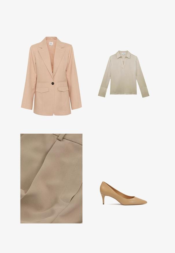 Gestuz MANU - Abrigo corto - rose dust; Blusa beige de manga larga con cuello en V y puños abotonados, mostrada sobre un fondo blanco.; Reiss PETITE FIT - EDEN ELASTICATED WAIST WIDE - Pantalones - mink neutral; Zapato de salón de cuero beige con tacón alto de 5 cm, punta puntiaguda y tacón delgado; textura suave y diseño minimalista sin adornos.