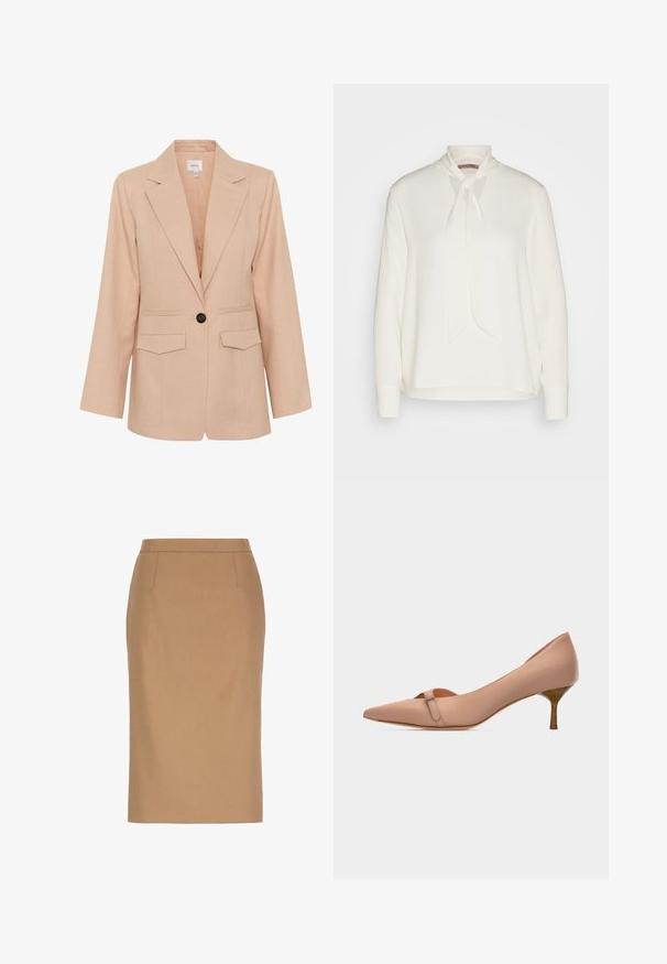 Gestuz MANU - Korte frakker - rose dust; Hvid langærmet skjorte med bindebånd ved halsen, der har en glat overflade og en afslappet pasform. Enkel og elegant uden yderligere mønstre.; Beige knælængde blyantsnederdel med høj talje og subtile sømdetaljer foran.; Beige pumps med spids tå, lav stiletthæl og lille remdetalje på en ensfarvet hvid baggrund.