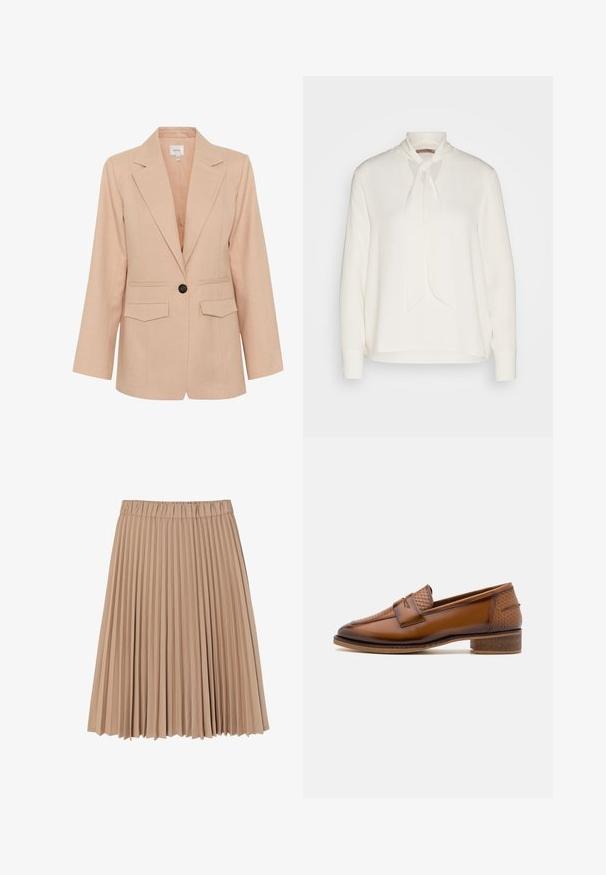 Gestuz MANU - Manteau court - rose dust; Blouse blanche à manches longues avec un design à col noué, présentant une texture lisse et une coupe décontractée. Simple et élégante, sans motifs supplémentaires.; Jupe plissée en tissu beige doux ; elle dispose d'une taille élastique et d'un design fluide avec des plis étroits et réguliers partout.; Mocassins en cuir marron avec un panneau avant tissé texturé, bout rond et petit talon empilé. Finition lisse avec des détails de couture subtils.