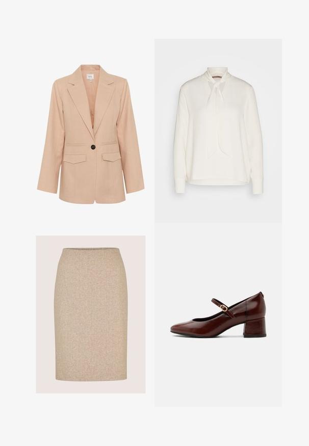 Gestuz MANU - Halflange jas - rose dust; Witte blouse met lange mouwen en een striknekontwerp, met een soepele textuur en een relaxte pasvorm. Eenvoudig en elegant, zonder extra patronen.; Beige kokerrok tot op de knie met een subtiel visgraatpatroon en zonder zichtbare naden of versieringen.; Bruine leren Mary Jane schoen met lage blokhak en gouden gespbandje, zijaanzicht op witte achtergrond.
