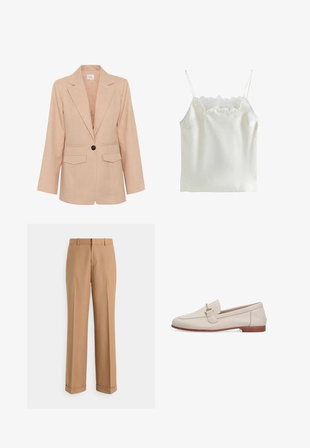Gestuz MANU - Korte frakker - rose dust; Hvid satin camisolletop med blonder langs halsudskæringen, justerbare spaghettistropper og en glat tekstur. Enkel design uden mønstre.; Tan skræddersyede bukser lavet af glat stof, med en lige benudformning, pressede folder og en opsmøget kant for et elegant udseende.; Beige lædersko med lavt træhæl og guldfarvet metalspænde på oversiden.