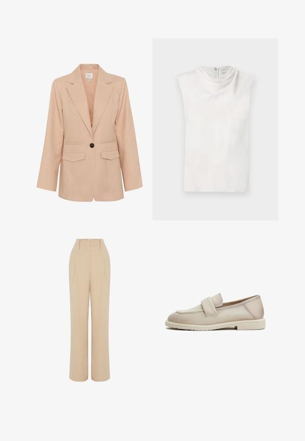 Gestuz MANU - Halflange jas - rose dust; Wit mouwloos topje met een opstaande kraag en rits aan de achterkant, plat gelegd op een witte achtergrond.; Beige wijde broek met hoge taille, voorzien van voorplooien en riemlussen. Glad stof met een op maat gemaakte, rechte snit.; Beige leren loafers met een gladde textuur, met een verhoogde band over de bovenkant en een lage, platte rubberen zool.