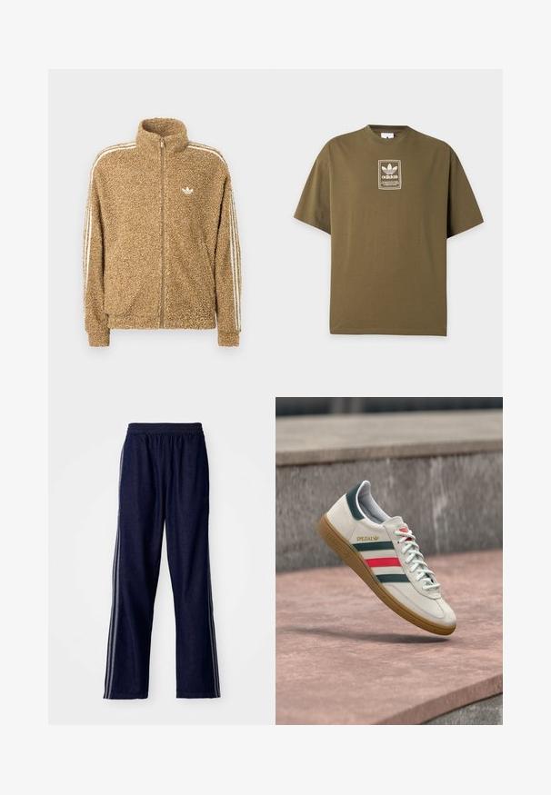 Chaqueta de forro polar marrón y peluda con cuello alto, cremallera completa y franjas laterales blancas. Presenta un pequeño logo blanco en el pecho.; Camiseta Adidas verde oliva con un pequeño logo blanco y parche de texto centrado en el pecho sobre un fondo liso y claro.; Pantalones deportivos azul marino con cintura elástica, que presentan tres franjas laterales blancas y un diseño de pierna recta. Textura de mezclilla suave.; Zapatilla blanca Adidas con franjas verdes y rojas, suela de goma y marca "SPEZIAL" flotando sobre pavimento de piedra.