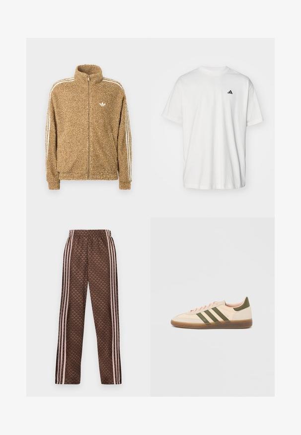 Brun, fuzzy fleecejakke med høj krave, fuld lynlås og hvide sidelister. Har et lille hvidt logo på brystet.; Hvid bomulds t-shirt med korte ærmer, rund hals og et lille sort Adidas-logo på venstre bryst. Blød tekstur, afslappet pasform.; Brune træningsbukser med lyserøde lodrette striber på siderne og et gentaget løvmønster over det hele, elastisk talje, lige ben pasform.; Beige Adidas Spezial sneaker med lav profil, grønne striber, gummisål og "SPEZIAL"-branding på siden, vist fra ydersiden.