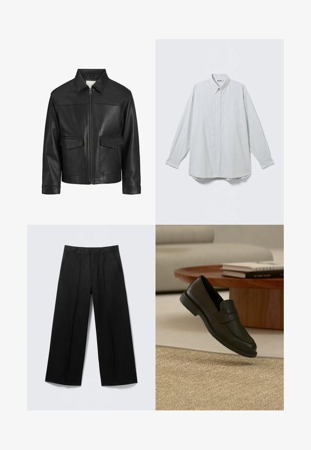 Chaqueta de cuero negro con cuello, cierre frontal de cremallera, dos grandes bolsillos con solapa, textura lisa y ajuste estructurado.; Camisa blanca de manga larga con botones, con finas rayas negras verticales y un bolsillo en el pecho, mostrada extendida sobre un fondo claro.; Pantalones negros de pierna ancha con trabillas para cinturón, bolsillos delanteros y cierre de cremallera, exhibidos sobre un fondo gris claro.; Zapato mocasín de cuero negro mostrado en el aire sobre una alfombra beige tejida, con una mesa de madera y libros apilados en una sala de estar con luz suave.