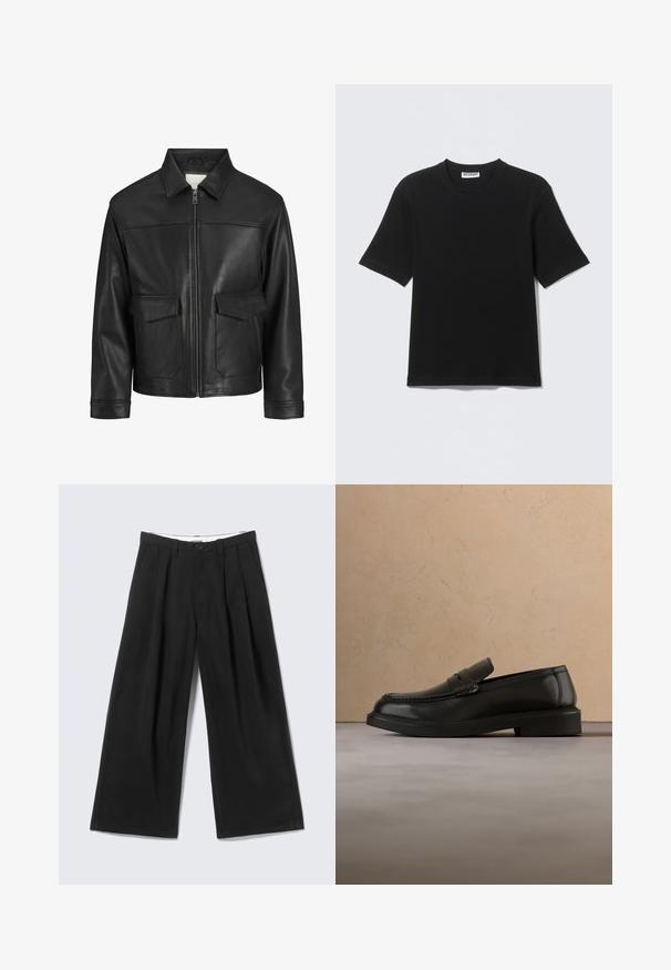Chaqueta de cuero negro con cuello, cierre frontal de cremallera, dos grandes bolsillos con solapa, textura lisa y ajuste estructurado.; Camiseta negra de manga corta con cuello redondo y etiqueta "WEEKDAY" en el interior del cuello, mostrada plana sobre un fondo claro.; Pantalones anchos negros con pliegues, trabillas para cinturón y cierre de botón, mostrados sobre un fondo gris claro.; Zapato mocasín de cuero negro flotando sobre una alfombra beige tejida, con una mesa redonda de madera y un sofá al fondo.