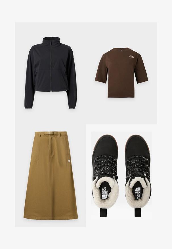 Veste légère noire avec ouverture zippée intégrale à l'avant, col montant, manches longues et cordons de serrage ajustables à l'ourlet.; T-shirt marron à manches courtes avec un col rond et le logo The North Face imprimé en blanc sur la partie supérieure gauche de la poitrine.; Jupe longue extérieure beige avec poches avant, ceinture intégrée et logo The North Face sur le côté droit.; Bottes noires en cuir synthétique imperméables à la cheville, avec une doublure en fausse fourrure, un tissu texturé, des lacets à motifs noirs et blancs, et une languette au niveau du talon.