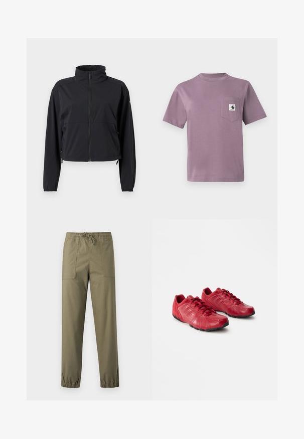Veste légère noire avec ouverture zippée intégrale à l'avant, col montant, manches longues et cordons de serrage ajustables à l'ourlet.; T-shirt en coton lilas avec col rond, manches courtes et une poche poitrine gauche avec un label logo. Tissu lisse, coupe décontractée.; Pantalon vert olive en tissu lisse avec une ceinture élastique, un cordon de serrage ajustable et des poignets élastiques aux chevilles.; Chaussures de sport rouges en cuir et en daim, avec une tige texturée, un système de laçage et une semelle extérieure en caoutchouc noir au design incurvé.