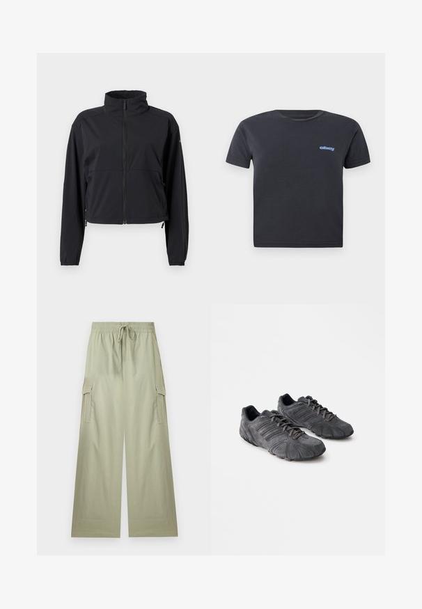 Veste légère noire avec ouverture zippée intégrale à l'avant, col montant, manches longues et cordons de serrage ajustables à l'ourlet.; T-shirt en coton noir à manches courtes, col rond, avec un logo bleu "obey" sur la poitrine gauche. Texture lisse, coupe standard.; Pantalon cargo vert clair à jambes larges avec taille élastique et cordon de serrage, doté de poches latérales à rabat et d'une coupe décontractée.; Baskets de sport en suède noir avec une surface texturée, un design arrondi et des semelles en caoutchouc. Elles sont dotées de lacets et de rayures horizontales sur les côtés.