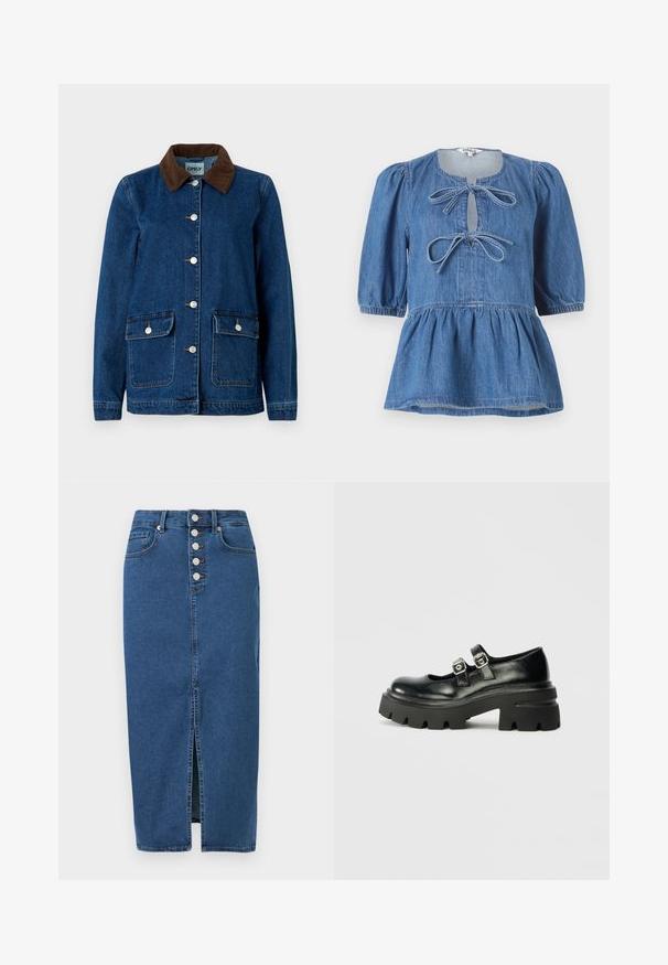 Jeansjakke med en mørkeblå finish, brun kordfløjelkrave, sølvfarvede trykknapper og to frontlommer. Har et klassisk design.; Denim top med korte pufærmer, rund halsudskæring med en nøglehulsåbning, der lukkes med to sløjfer, og en udvidet kant.; Blå denim midi-nederdel med frontslids, knaplukning og fem-lomme design.; Sorte læder platform sko med rund tå, to metallic spænde detaljer og en klodset, struktureret sort sål.