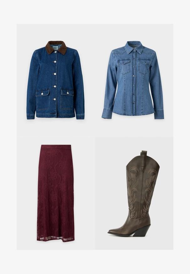 Jeansjakke med en mørkeblå finish, brun kordfløjelkrave, sølvfarvede trykknapper og to frontlommer. Har et klassisk design.; Langærmet blå denimskjorte med spids krave, knaplukning foran og to brystlommer med klapper og knapper.; Bordeauxfarvet midinederdel i blonder med blomstermønster og lige snit, med en semi-gennemsigtig blonderoverdel og solid linning.; Brune læder cowboystøvle med spids tå, kilehæl og dekorativ broderi. Har en høj stok og en trækflap.
