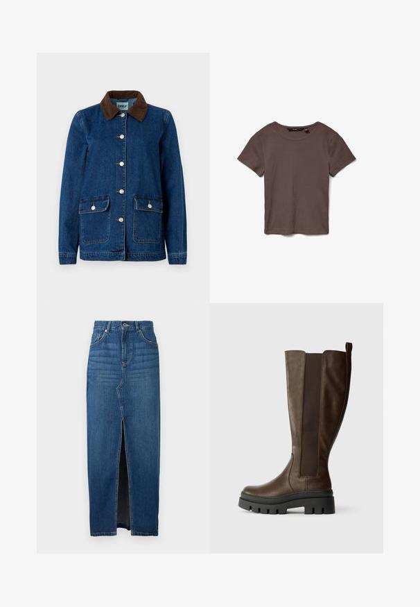 Denim jack met een donkerblauwe afwerking, een bruine ribfluwelen kraag, zilveren drukknoopsluitingen en twee voorzakken. Heeft een klassiek ontwerp.; Bruin ribgebreid T-shirt met korte mouwen en ronde hals, plat neergelegd op een witte achtergrond.; Donkerblauwe denim rok met een voorkantinsnijding, hoge taille en vijf-pocket ontwerp. Gemaakt van stevig denim materiaal met zichtbare stiksels.; Bruine leren kniehoge laars met een matte afwerking, elastische zijpanelen en een robuuste zwarte rubberen zool. Rechte vorm met een ronde neus.