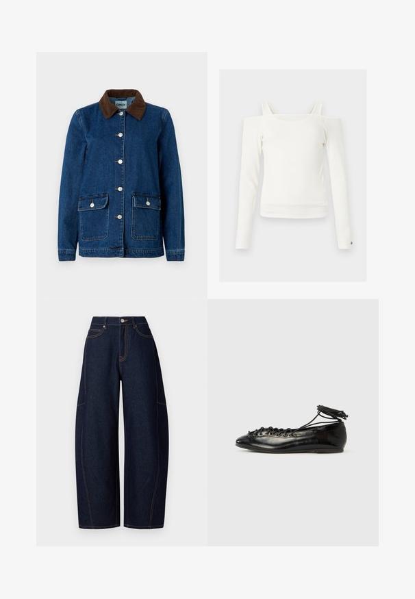 Jeansjakke med en mørkeblå finish, brun kordfløjelkrave, sølvfarvede trykknapper og to frontlommer. Har et klassisk design.; Hvid langærmet cold shoulder-top med tynde skulderstropper og lige udskæring, vist mod en lys baggrund.; Bredde ben mørkeblå denimbukser med kontrasterende orangetråd, fem lommer og en knap- og lynlåslukning i taljen.; Sorte balletflade sko i laklæder med rundet tå, snørelukning og flad sål. Glat tekstur med få detaljer.