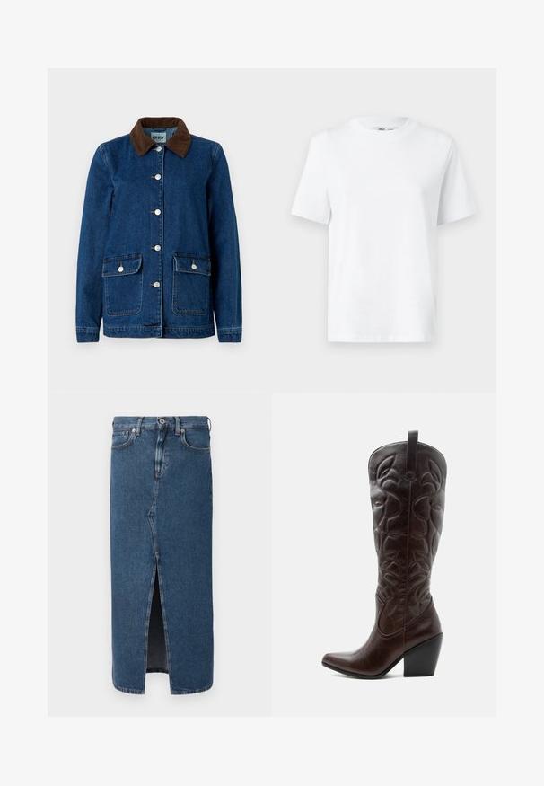 Jeansjakke med en mørkeblå finish, brun kordfløjelkrave, sølvfarvede trykknapper og to frontlommer. Har et klassisk design.; Hvid bomulds T-shirt med rund hals, kortærmet og en glat tekstur. Designet med en afslappet pasform for komfort og alsidighed.; Denim blyantskirt i mellemblå med en frontslids, klassisk fem-lomme design og knaplukning i taljen. Glat tekstur.; Høj mørkebrun læder cowboystøvle med syede dekorative mønstre, spids tå og stablet blokhæle.