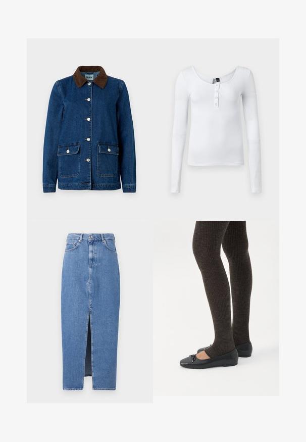 Jeansjacke mit dunkelblauer Ausführung, braunem Cordkragen, silbernen Druckknöpfen und zwei Vorder Taschen. Hat ein klassisches Design.; Weißes langärmliges, geripptes Oberteil mit Rundhalsausschnitt und vier Knöpfen auf der Vorderseite. Der Stoff hat eine glatte Textur und eine figurbetonte Passform.; Hellblaues Denim-Midi-Rock mit einem vorderen Schlitz, klassischem Fünf-Taschen-Design und einem oberen Knopfverschluss. Der Stoff hat eine leichte Textur.; Beine in dunklen, gerippten Leggings kombiniert mit schwarzen Ballerinas mit kleinen Schleifendetails auf weißem Hintergrund.