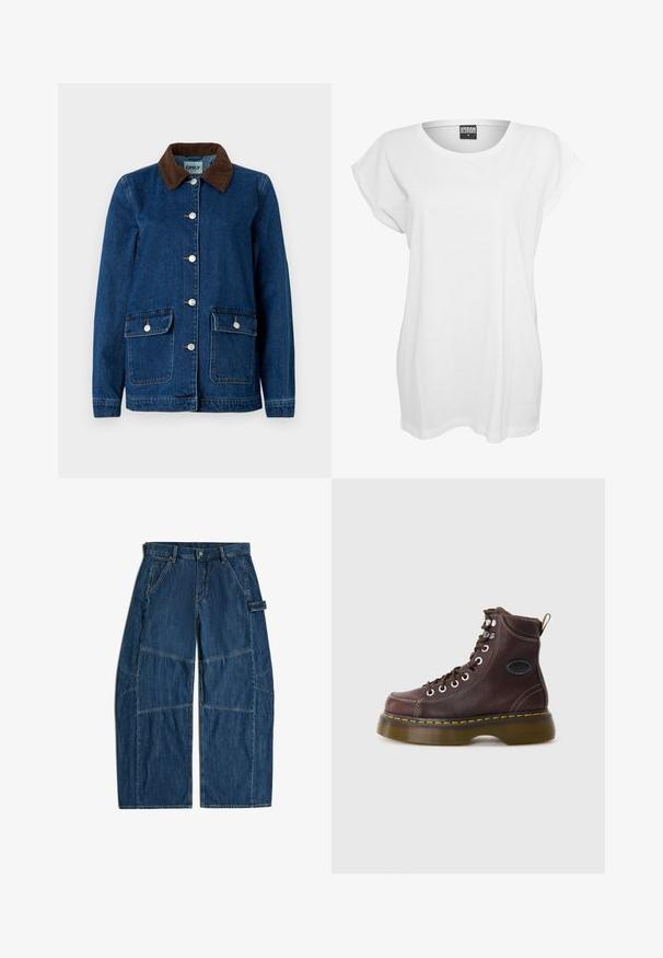 Jeansjacke mit dunkelblauer Ausführung, braunem Cordkragen, silbernen Druckknöpfen und zwei Vorder Taschen. Hat ein klassisches Design.; Weißes T-Shirt mit kurzen Ärmeln aus Baumwolle, das einen lässigen Schnitt, einen weiten Ausschnitt und ein minimalistisches Design ohne Muster oder Akzente aufweist.; Dunkelblaue Jeans mit weitem Bein, Gürtelschlaufen, Vordertaschen und zusätzlichen Nähten an den Knien und Seiten.; Braune Leder-Ankle-Boots mit strukturierten Oberflächen, silbernen Ösen und gelben Nähten. Verfügt über eine robuste, transparente Sohle und eine Zuglasche.