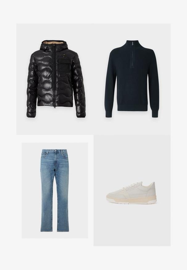Veste matelassée noire brillante avec capuche, poche poitrine avant, deux poches latérales zippées, et fermeture éclair frontale, présentée sur fond blanc.; Pull-over en maille côtelée bleu marine foncé avec col montant zippé et manches longues. Comprend des poignets et un ourlet ajustés pour un ajustement près du corps.; Jean droit bleu en denim avec poches devant et derrière, fermeture par boutons et passants pour ceinture.; Sneaker gris clair en daim avec une semelle en caoutchouc crème. Doté de lacets plats, d'un design minimaliste et d'un branding subtil sur le côté.