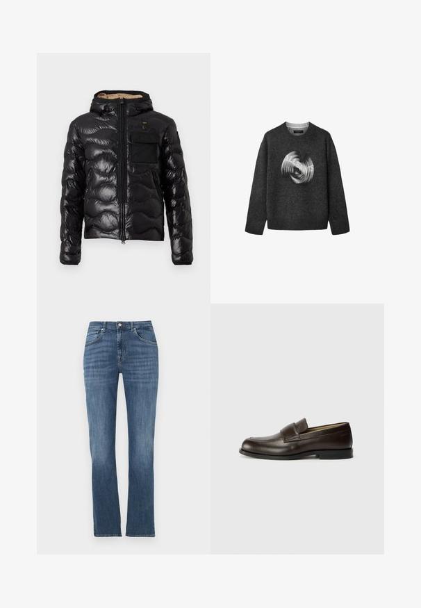 Veste matelassée noire brillante avec capuche, poche poitrine avant, deux poches latérales zippées, et fermeture éclair frontale, présentée sur fond blanc.; Pull à manches longues gris foncé avec un col rond et un logo circulaire flou "ALLSAINTS" sur le devant.; Jean denim bleu à jambes droites avec poches avant, fermeture à boutons et léger effet délavé sur les cuisses et les genoux.; Calvin Klein Chaussons - cocoa brown