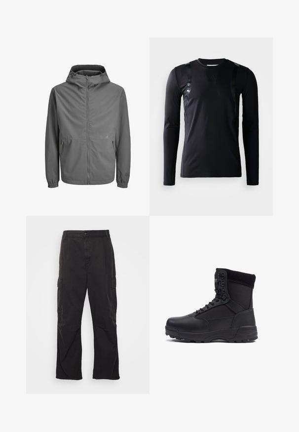 Veste légère grise avec capuche, fermeture éclair à l'avant, poignets élastiques et deux poches latérales. Tissu lisse, design minimaliste, logo de marque subtil.; T-shirt de sport à manches longues noir en tissu lisse et extensible. Présente des accents noirs brillants sur les épaules et un logo Adidas sur la poitrine.; Pantalons cargo noirs avec une coupe droite, dotés de deux poches latérales, d'une fermeture à bouton et d'un tissu texturé.; Botte tactique noire avec une tige en cuir lisse et des panneaux en tissu, design montante, fermeture à lacets à l'avant et semelle en caoutchouc robuste.