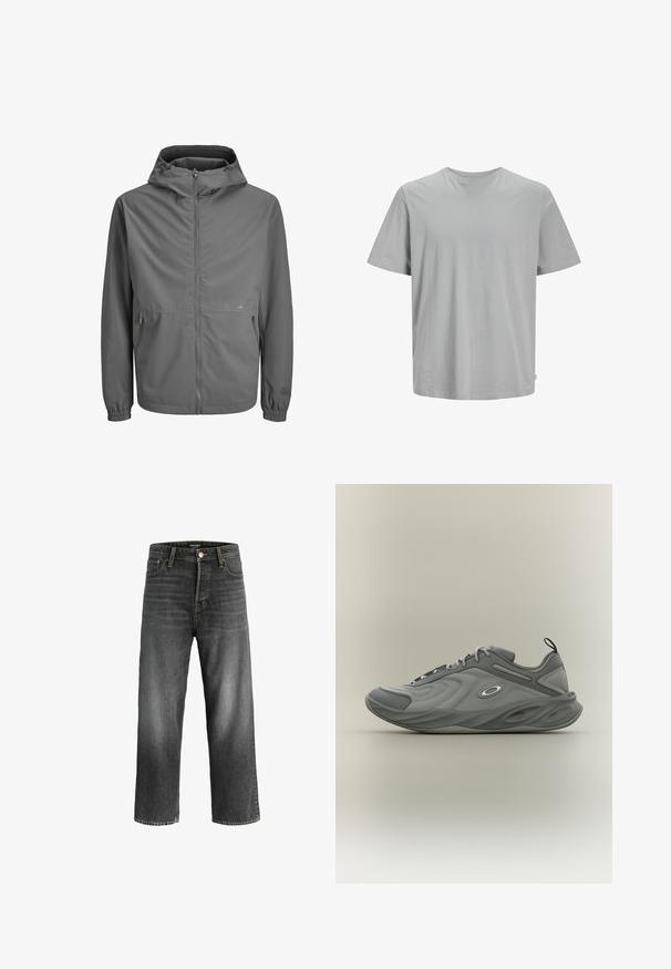 Veste légère grise avec capuche, fermeture éclair à l'avant, poignets élastiques et deux poches latérales. Tissu lisse, design minimaliste, logo de marque subtil.; T-shirt en coton gris à manches courtes, col rond et coupe décontractée. Présente une couleur unie et simple, sans motifs ni accents visibles.; Jean droit noir délavé avec cinq poches, fermeture à boutons et passants de ceinture.; Baskets de sport grises avec lacets, semelle rembourrée et languette au talon, montrées en profil latéral sur fond neutre.