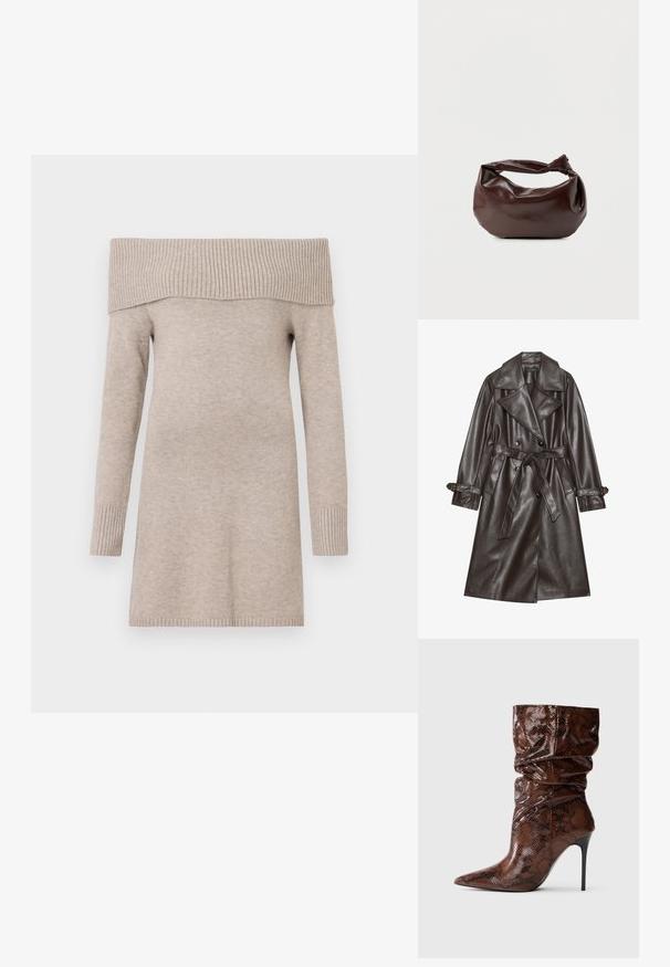 Bruine kunstlederen trenchcoat met een dubbelgeknoopte voorkant, brede revers, een gestrikt riem en knoopaccenten op de mouwen.; Beige off-shoulder trui, gebreide textuur, lange mouwen, geribbelde halslijn en boorden, lengte tot halverwege de dijen, gladde stofafwerking.; Bruine laarzen van leer met slangenhuidenpatroon, slouchy ontwerp, met een spitse neus en hoge slanke zwarte stilettohak op een witte achtergrond.; Donkerbruine leren schoudertas met een zachte, slungelige vorm en een gedraaide knoopvormige handgreep op een effen witte achtergrond.