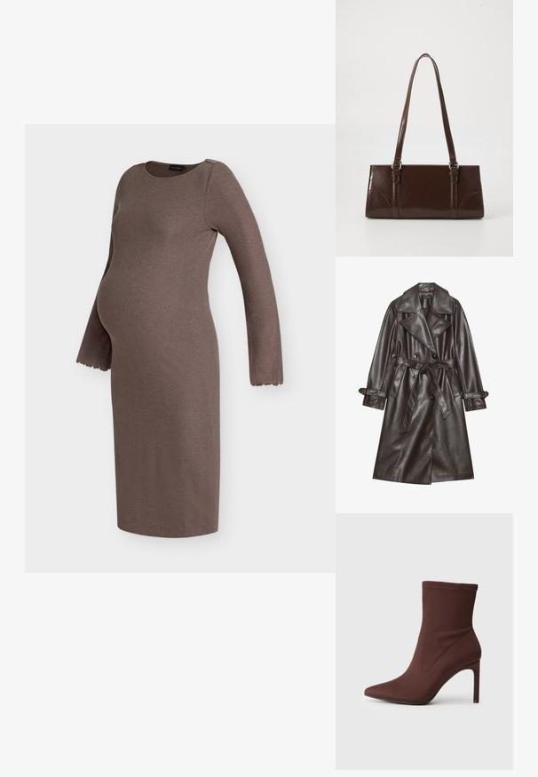 Bruine kunstlederen trenchcoat met een dubbelgeknoopte voorkant, brede revers, een gestrikt riem en knoopaccenten op de mouwen.; Bruine ribgebreide zwangerschapsjurk met lange mouwen, sierlijke afgewerkte manchetten en een getailleerde pasvorm voor comfort en stijl tijdens de zwangerschap.; Bruine elastische stof enkellaars met spitse neus en 10 cm hoge stilettohak. Naaddetails aan de zijkanten, gladde textuur en geen zichtbare sluitingen.; Bruine lakleren handtas met een rechthoekige vorm, twee lange handvatten en subtiele gebogen accenten aan de voorkant.