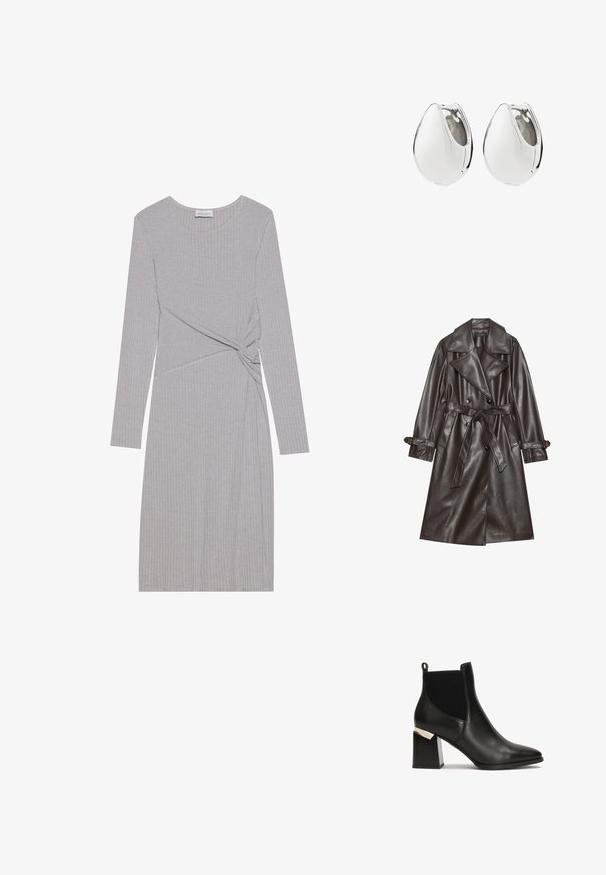 Abrigo trench de imitación cuero marrón con un frente de doble botonadura, amplios solapas, un cinturón atado y detalles de botones en las mangas.; Vestido gris de canalé de manga larga con un diseño anudado en la cintura, con un escote redondeado y una silueta ajustada.; Botín negro de cuero hasta el tobillo con panel elástico acanalado, punta afilada y tacón bloqueado adornado con un detalle metálico. Textura suave.; Par de pendientes de aro de plata pulida y lisa con forma redondeada de lágrima y cierres con bisagra.
