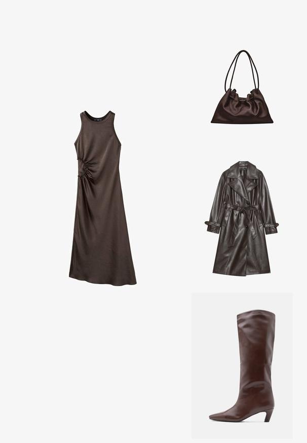 Bruine kunstlederen trenchcoat met een dubbelgeknoopte voorkant, brede revers, een gestrikt riem en knoopaccenten op de mouwen.; Bruine mouwloze jurk van een gladde stof met een geplooid detail aan de zijkant, met een lange, rechte silhouet en een ronde halslijn.; Bruine lederen laars tot aan de knie met een spitse neus en een taps toelopende hak. Glad oppervlak met een strak, minimalistisch ontwerp.; Zachte donkerbruine leren handtas met een slungelige vorm en twee dunne schouderbandjes tegen een witte achtergrond.