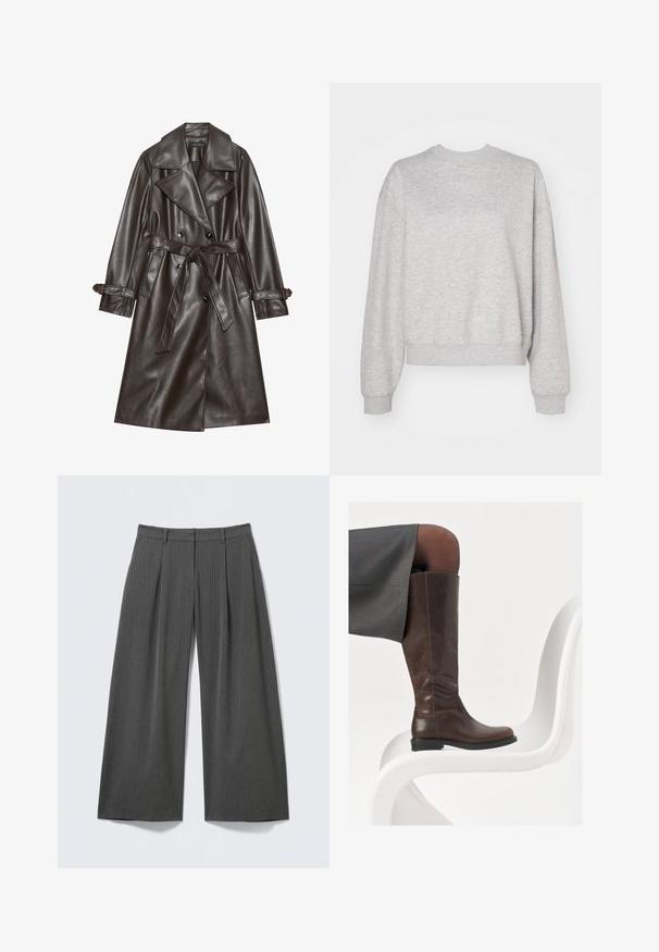 Bruine kunstlederen trenchcoat met een dubbelgeknoopte voorkant, brede revers, een gestrikt riem en knoopaccenten op de mouwen.; Lichtgrijze sweatshirt met een klassieke ronde hals, verlaagde schouders en ribgebreide manchetten en zoom. Zachte textuur en een ontspannen pasvorm.; Grijze wijde broekspijpen gemaakt van een gestructureerde stof met verticale strepen. Voorzien van plooien aan de voorkant en een standaard tailleband.; Bruine leren knie-hoge laars met een ronde neus, een soepele textuur en minimale stikseldetails, tegen een lichte achtergrond op een witte stoel.