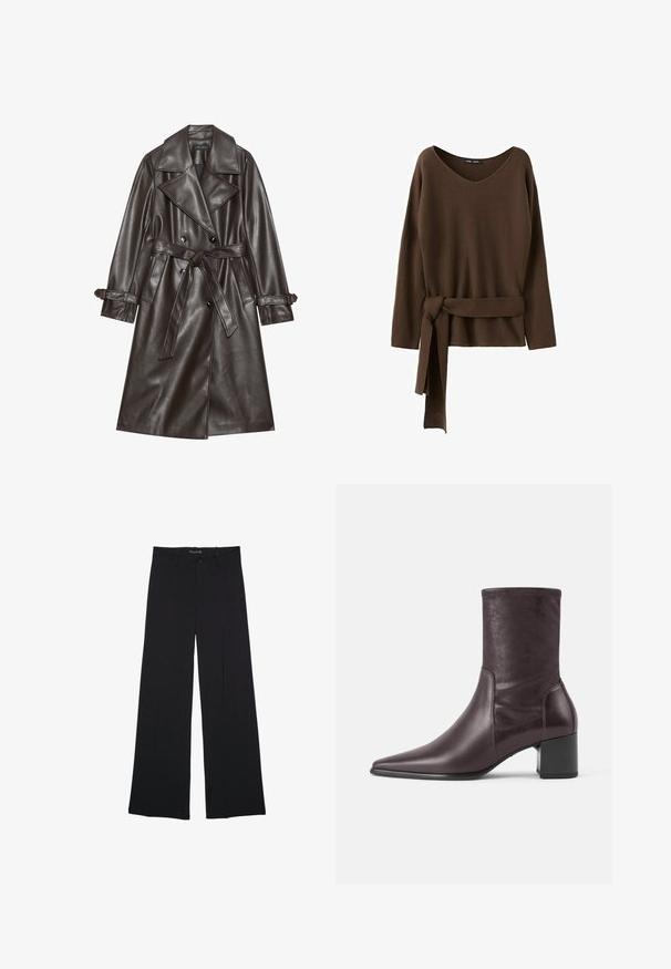 Bruine kunstlederen trenchcoat met een dubbelgeknoopte voorkant, brede revers, een gestrikt riem en knoopaccenten op de mouwen.; Bruine gebreide trui met lange mouwen, een V-hals en een brede riem die in een knoop is gestrikt rond de taille, recht vallend.; Zwarte broek met wijde pijpen, voorzien van ceintuurlussen, een knoopsluiting aan de voorkant en een rits, plat gelegd op een witte achtergrond.; Donkerbruine leren kuitlaars met spitse neus en blokhak, gladde afwerking en naaddetails langs de zijkanten.